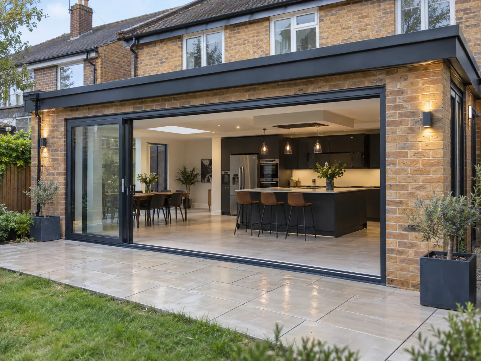 Modern kitchen extension with large black bifold doors opening onto patio