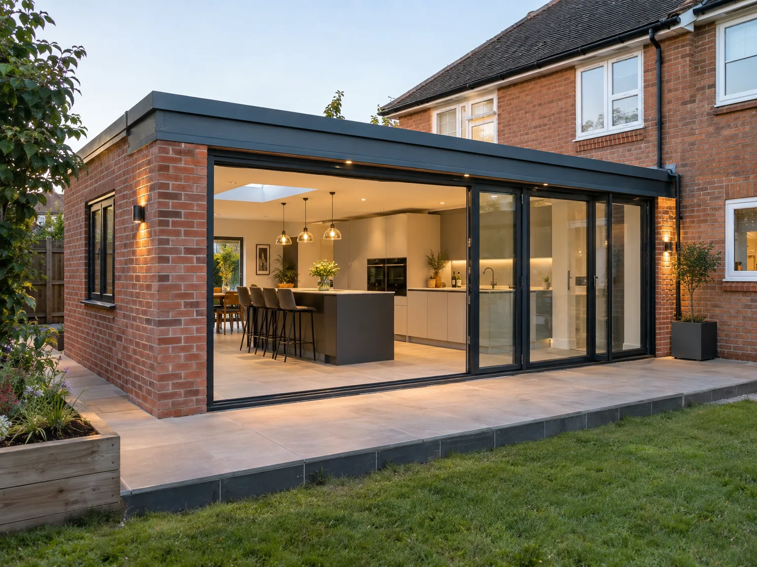 Modern kitchen extension with large glass doors, brick exterior, and contemporary interior with pendant lights and bar seating