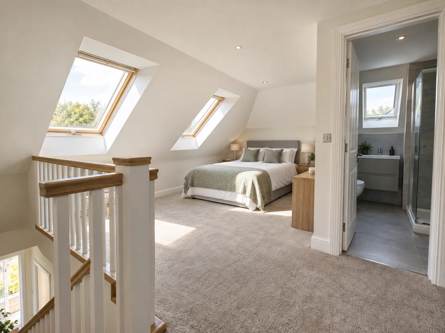 Bright loft conversion bedroom with dual skylights, ensuite bathroom and wooden accents