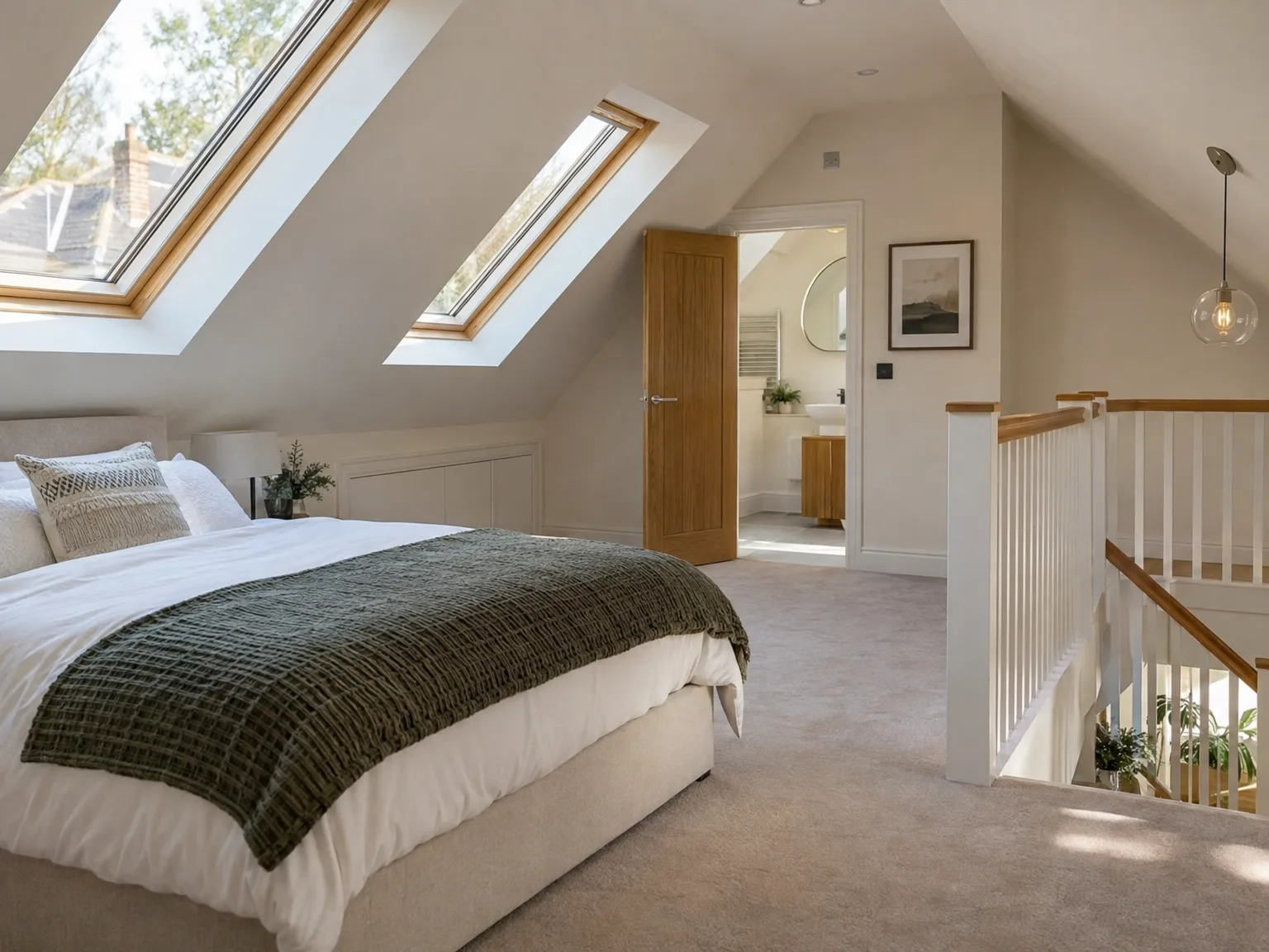 Bedroom loft conversion with skylights, wooden en-suite door, and staircase railing