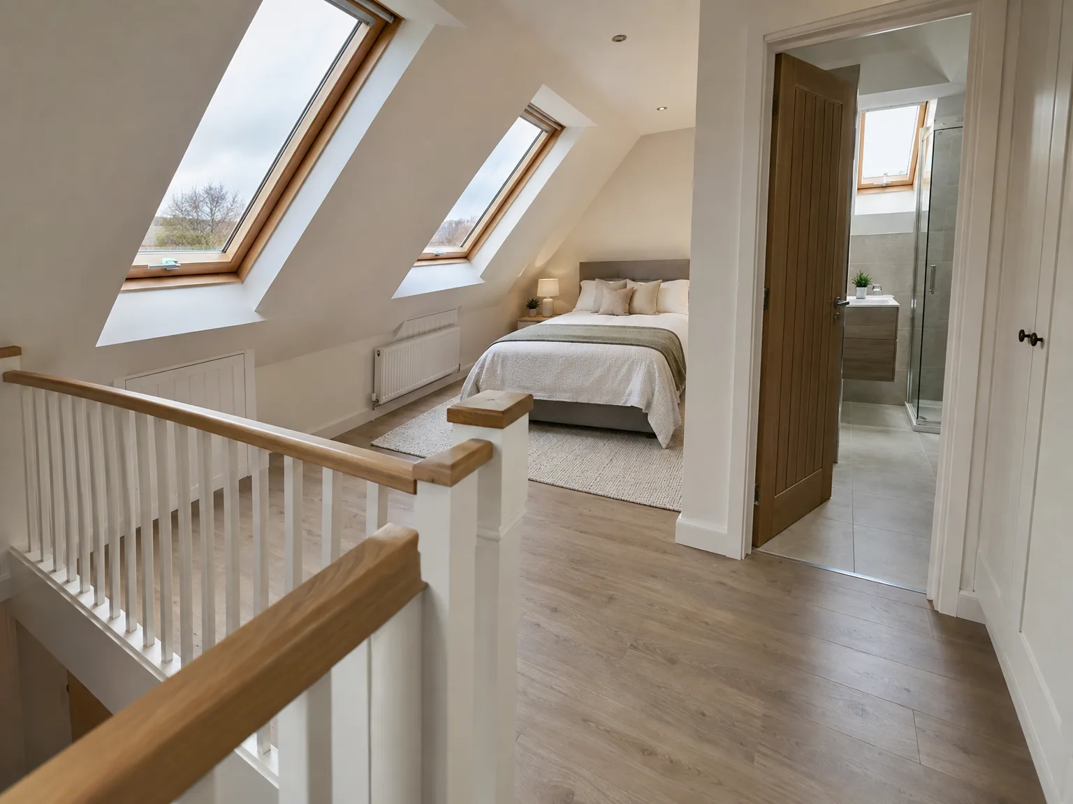 Loft conversion with wooden stair rail, skylights, master bedroom and en-suite bathroom