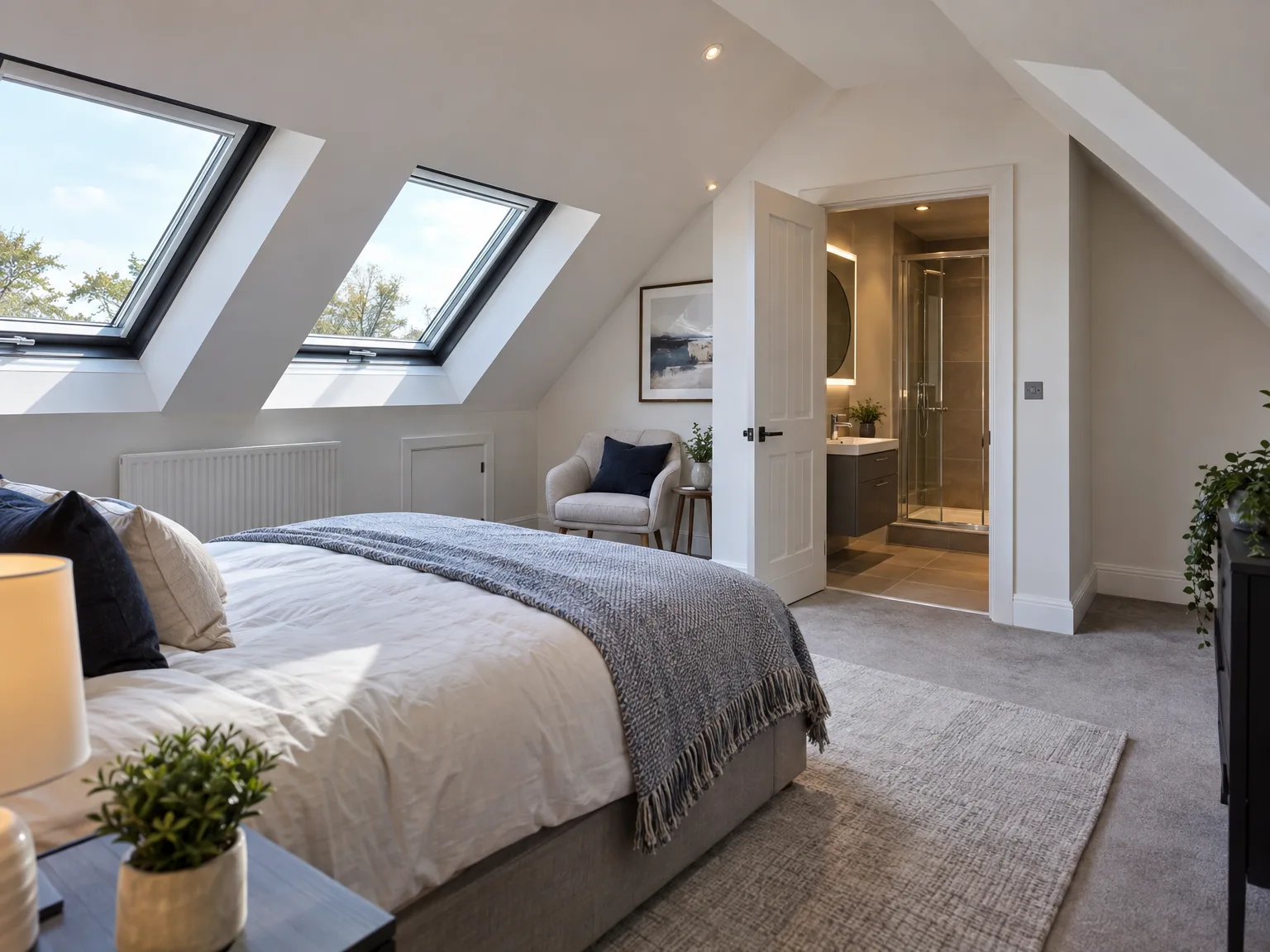 Master bedroom with skylight windows and en-suite bathroom in loft conversion