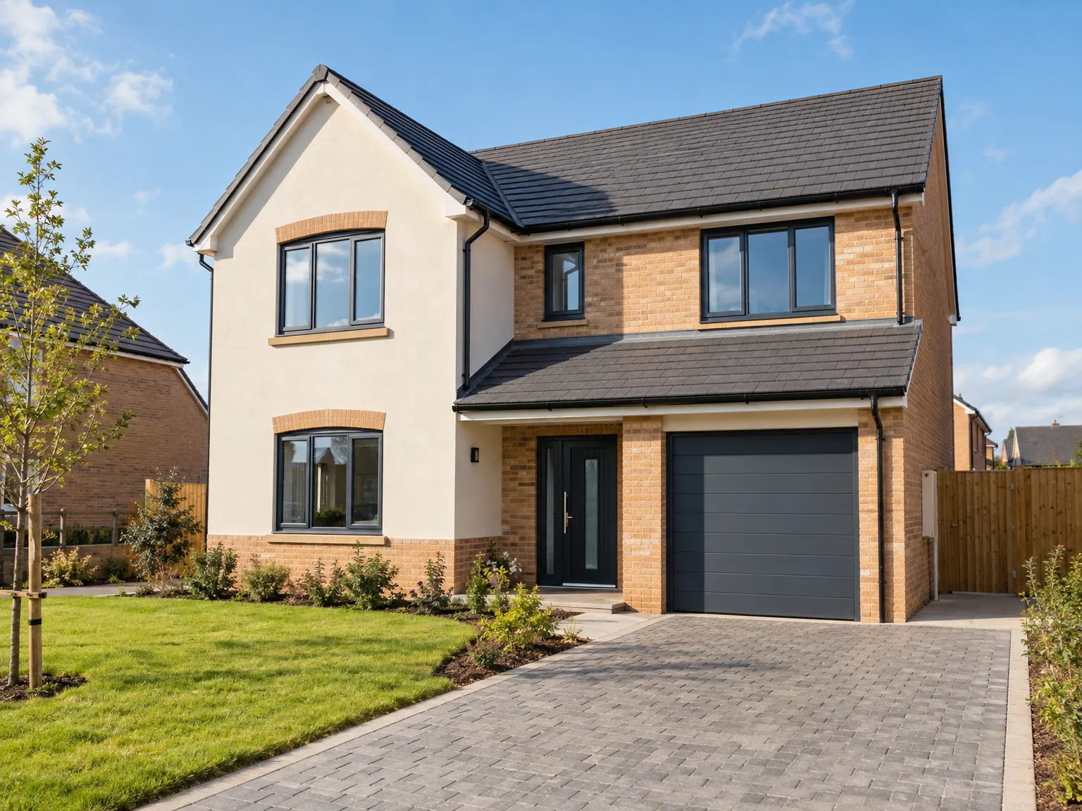 Contemporary new build two-storey home with brick facade, large windows, black door, and integrated garage on landscaped garden