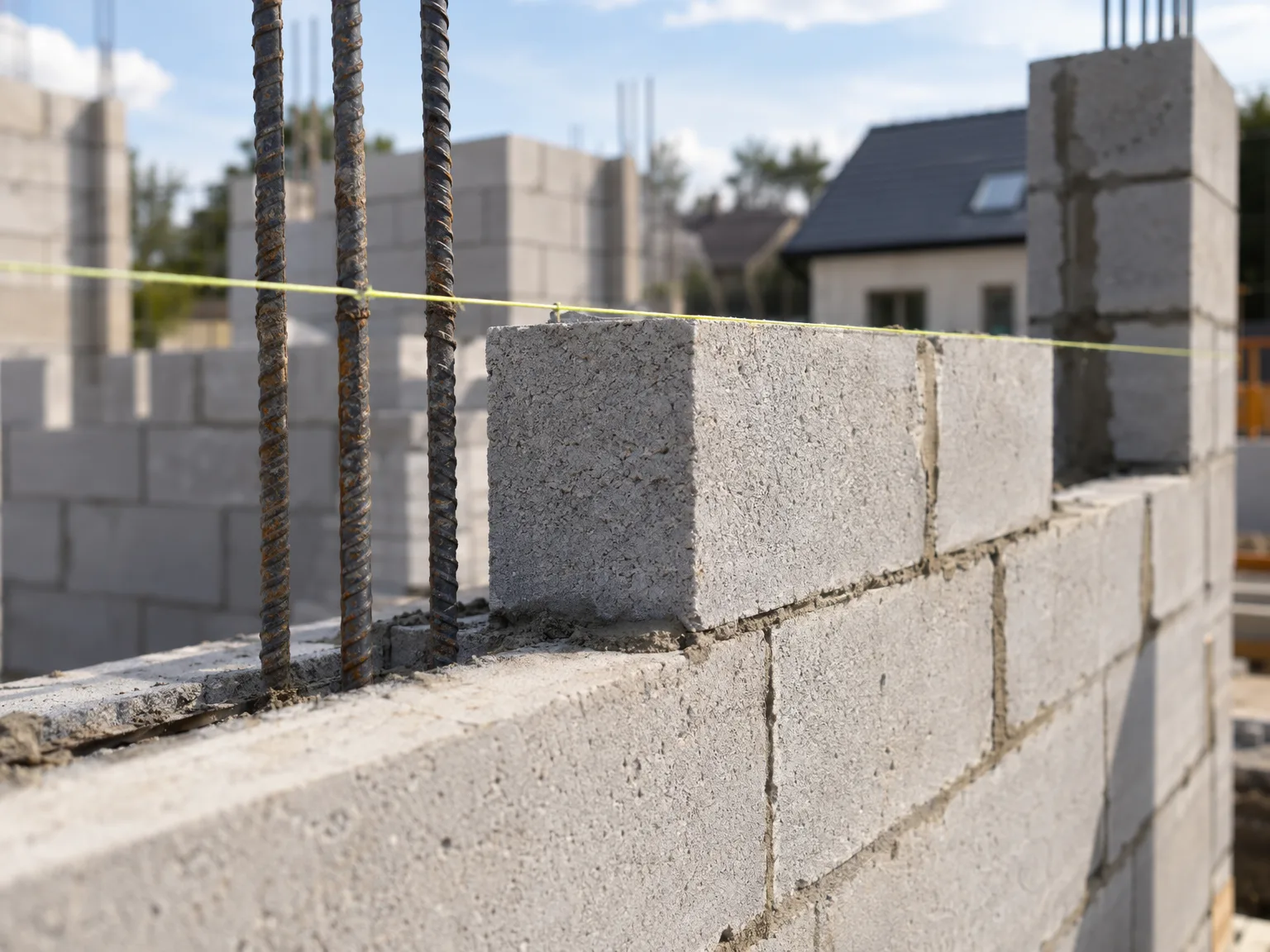 Close-up of concrete foundation blocks with steel reinforcement rods during construction with building site in background