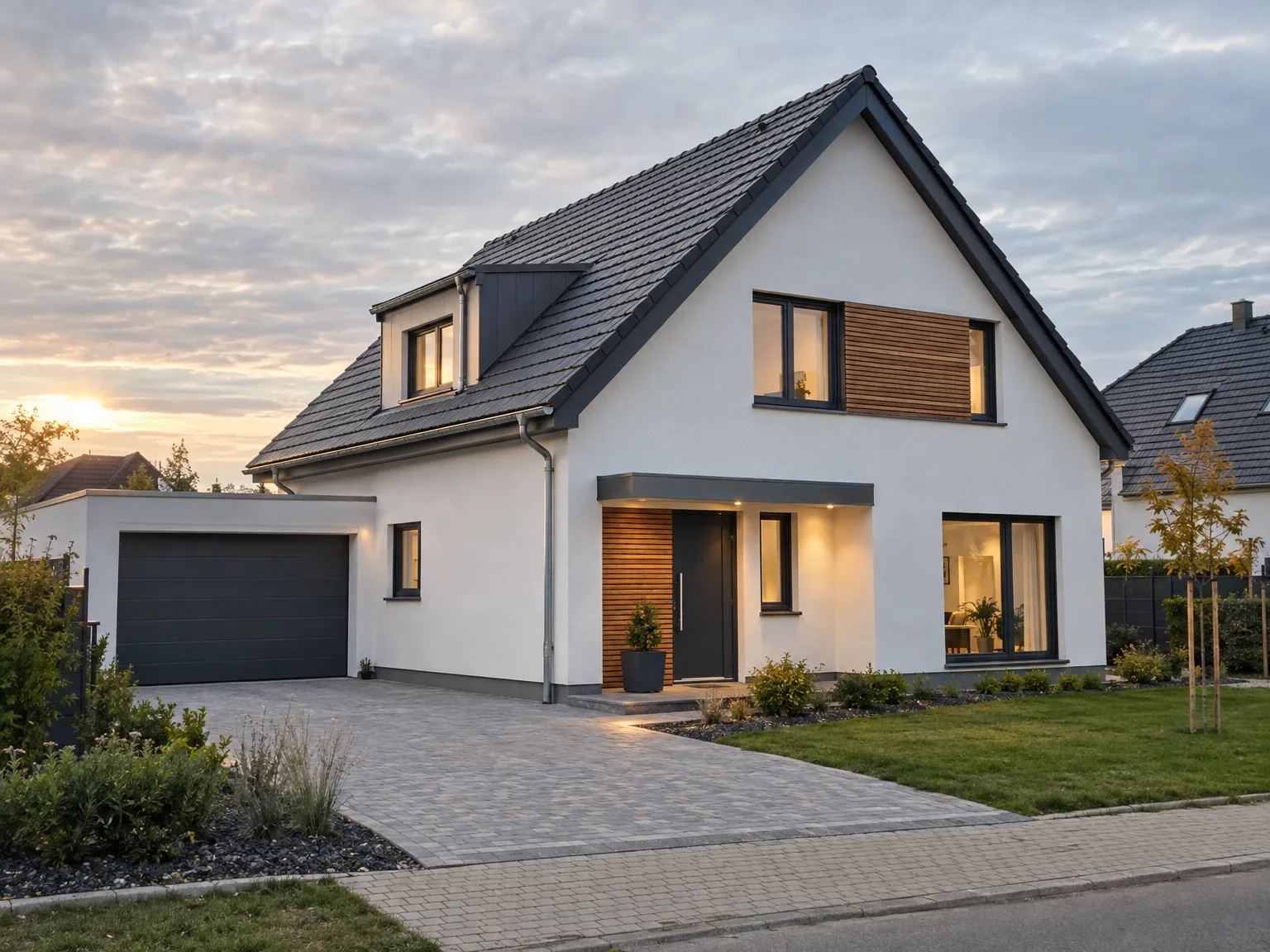 Modern new build home with white walls, dark roof, dormer window, and driveway