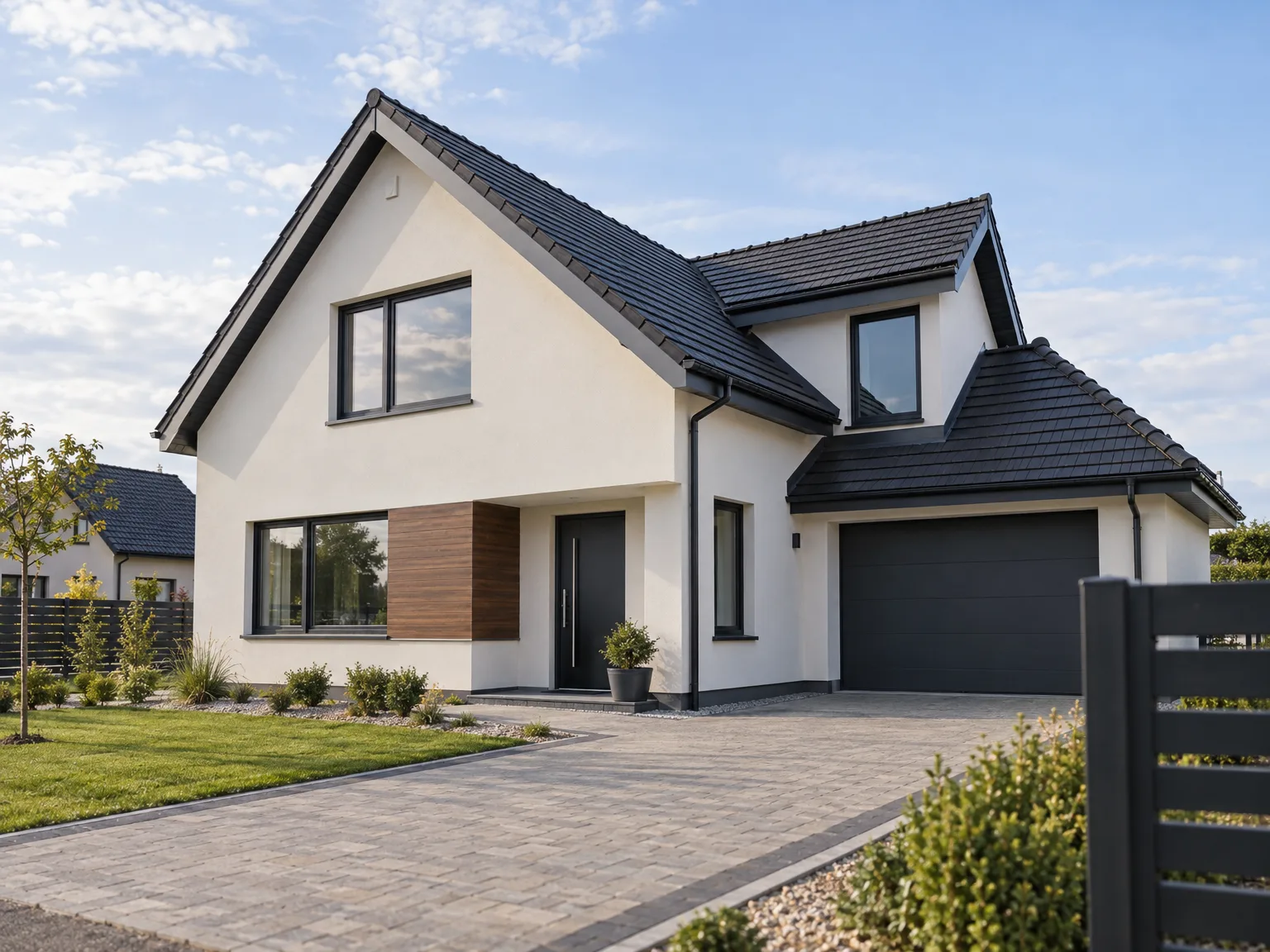 Modern new build home with white render, black roof and professional paved driveway
