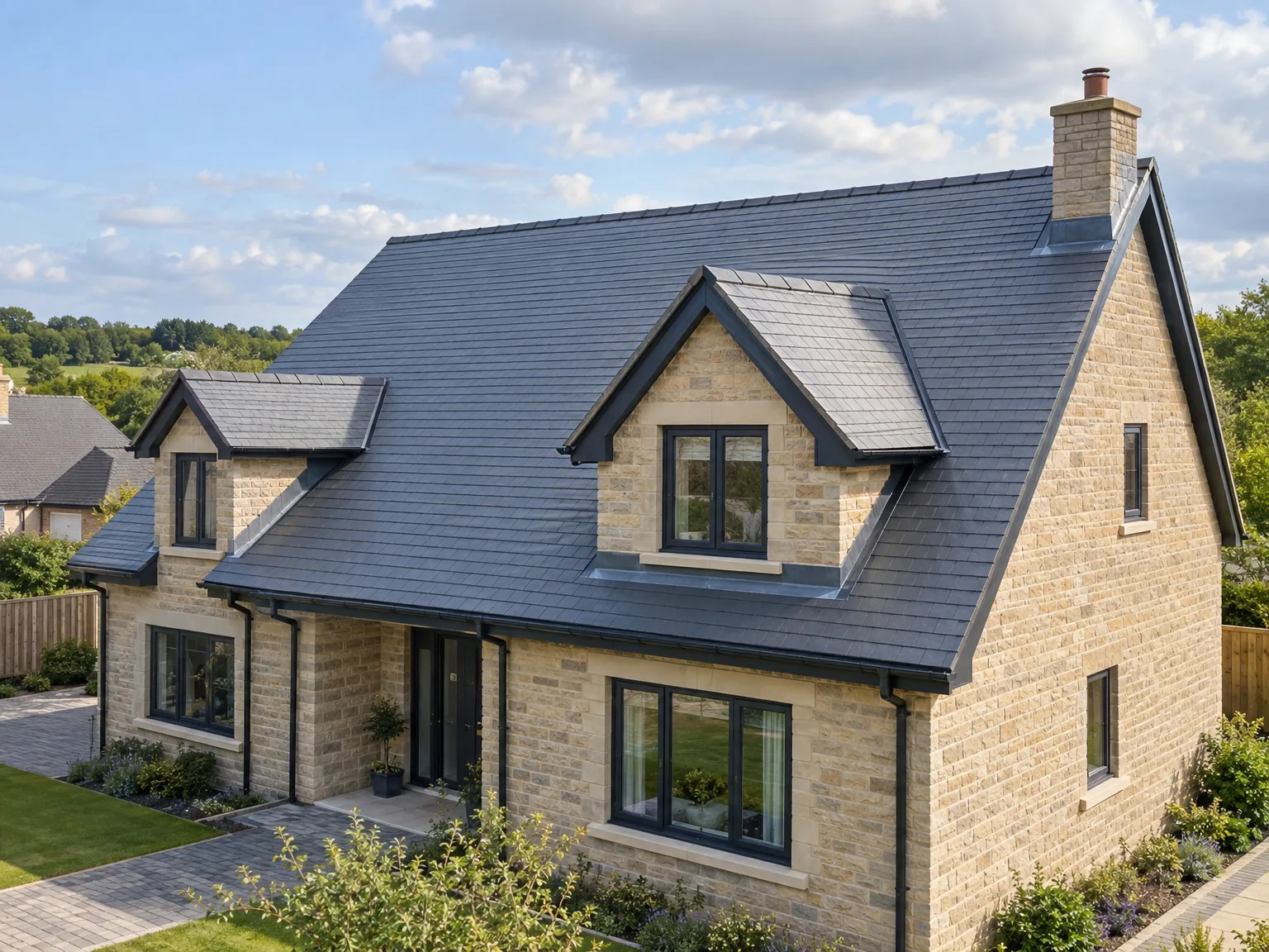 Brick-built new home with dormer loft conversion featuring slate roof and modern windows