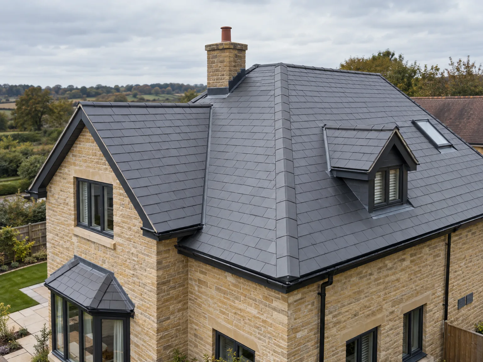 New Roof: black slate roof with dormer windows on modern brick house