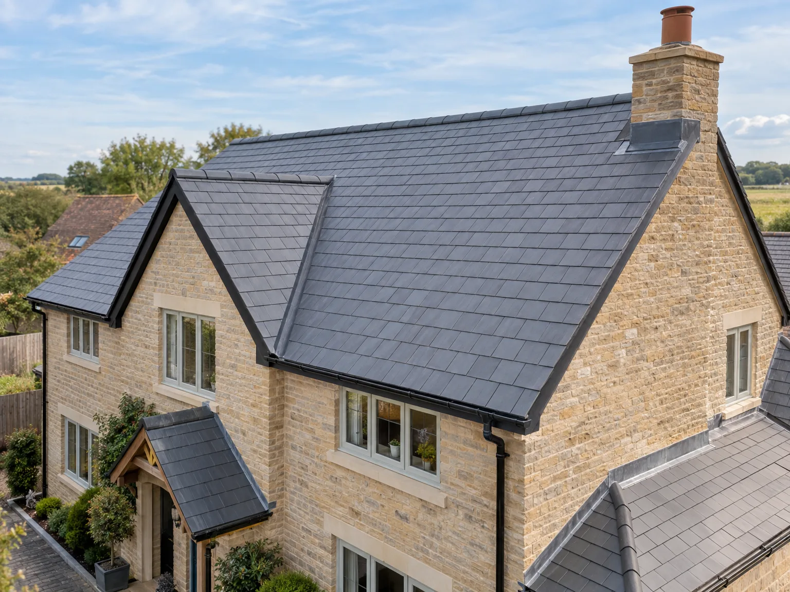 Modern brick home with newly installed dark slate roof and chimney in rural countryside landscape