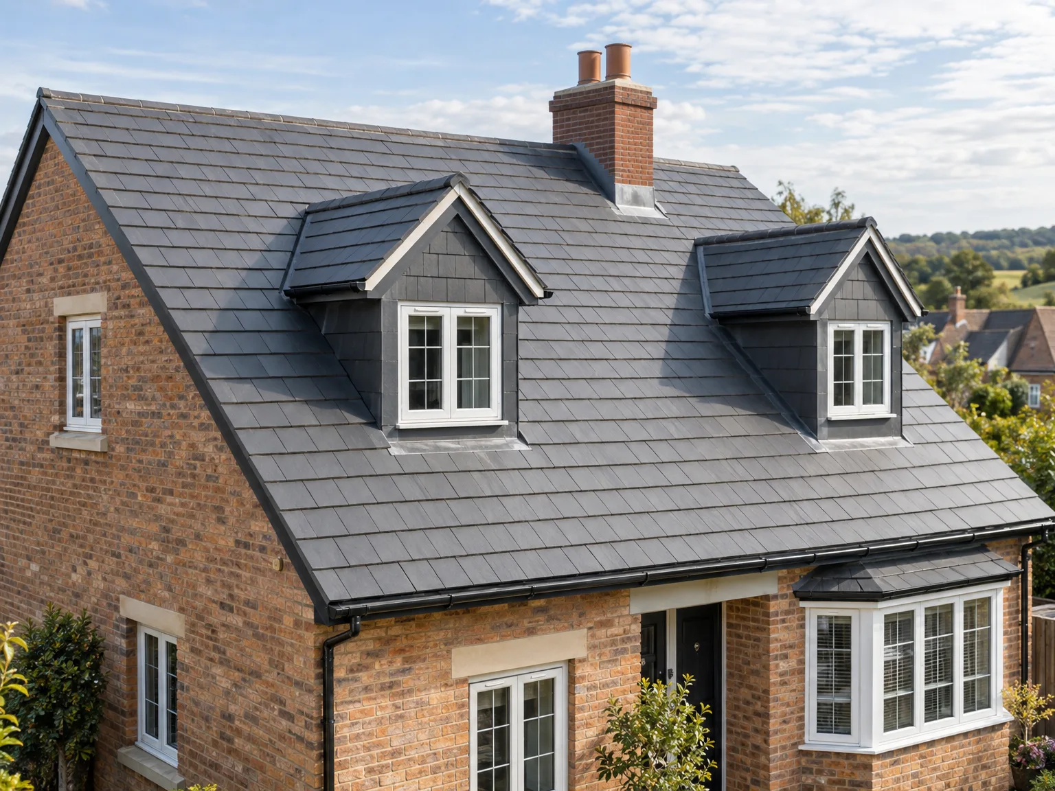 New slate roof with dormer windows on brick house