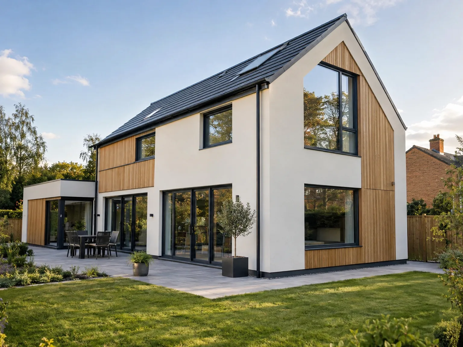 Modern new build home with white rendered walls, timber cladding, large black-framed windows, and slate roof overlooking garden patio
