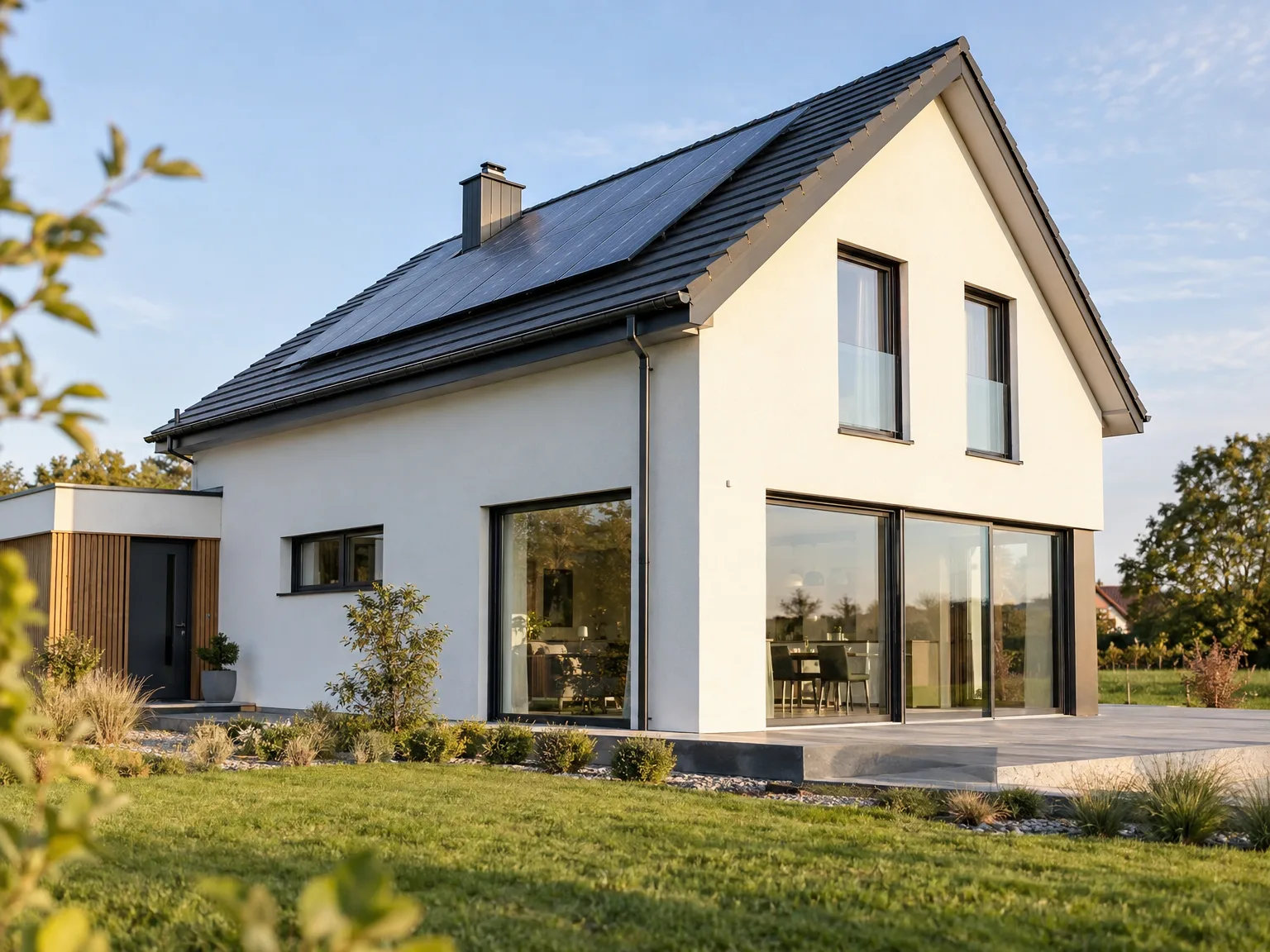 New build home with white facade, dark roof and large window panels overlooking garden