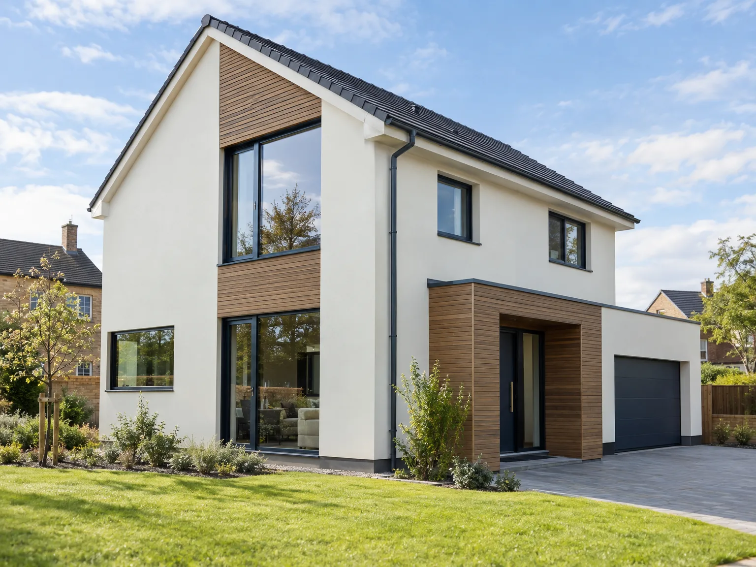 Modern new build two-storey house with white render, timber cladding, large windows, and black garage