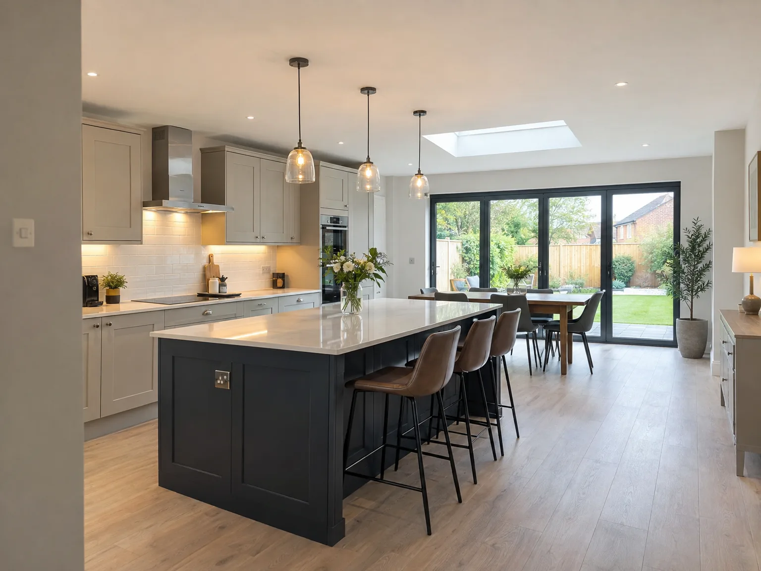 Modern kitchen extension with black island, white stone worktops, and large glass doors to garden
