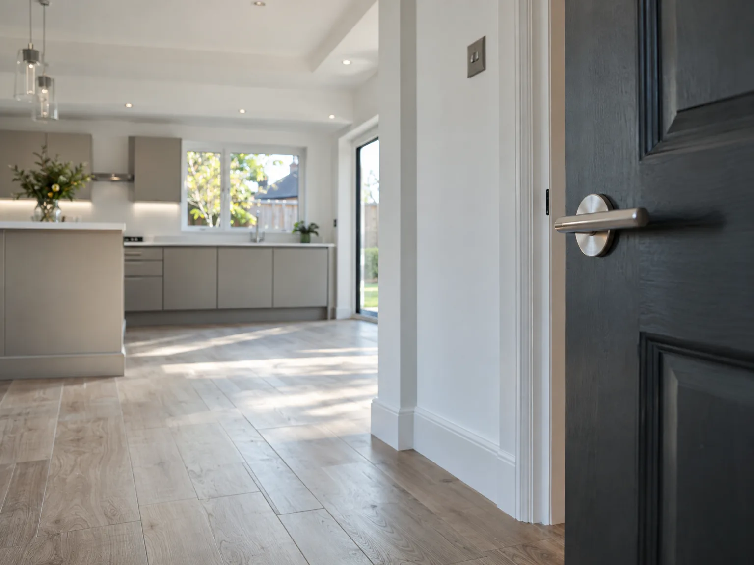 Kitchen extension interior with wooden flooring, black modern door and grey cabinetry