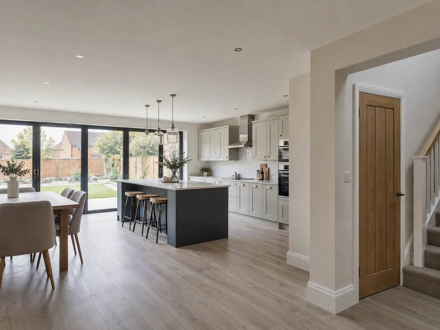 Modern kitchen extension with white cabinetry, dark island, pendant lights, and bi-fold doors opening to garden