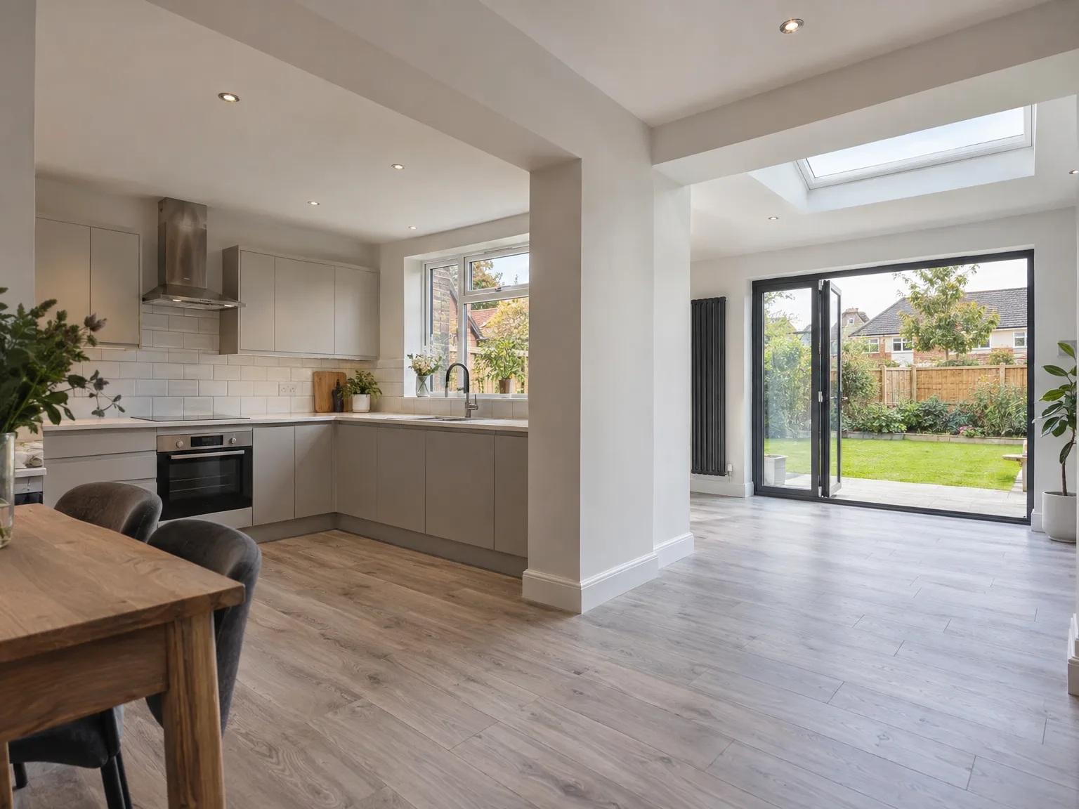 Modern kitchen extension with open-plan living and bifold garden doors