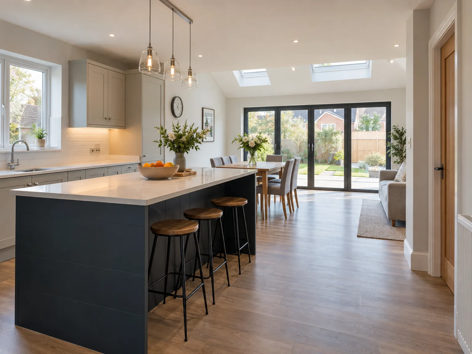 Modern kitchen extension with dark island, pendant lights, and patio doors to garden