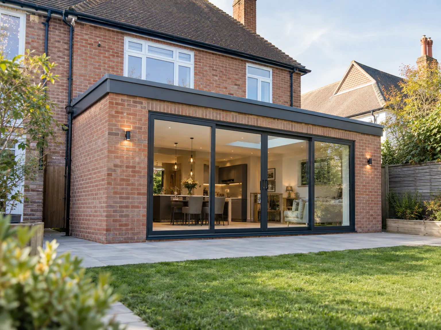Modern two-storey rear extension with bifold doors and paved patio area