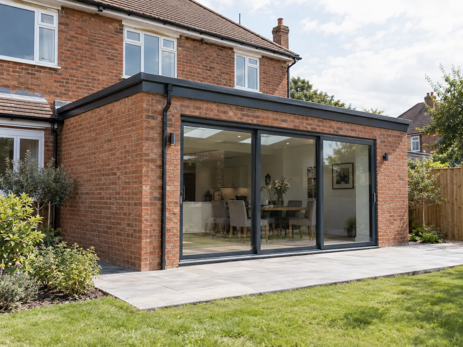 Rear extension with large black bifold doors and paved patio terrace