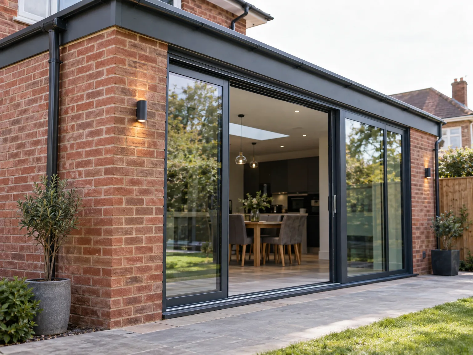 Modern rear extension with black-framed bifold doors and brick exterior, open-plan interior with dining area visible inside