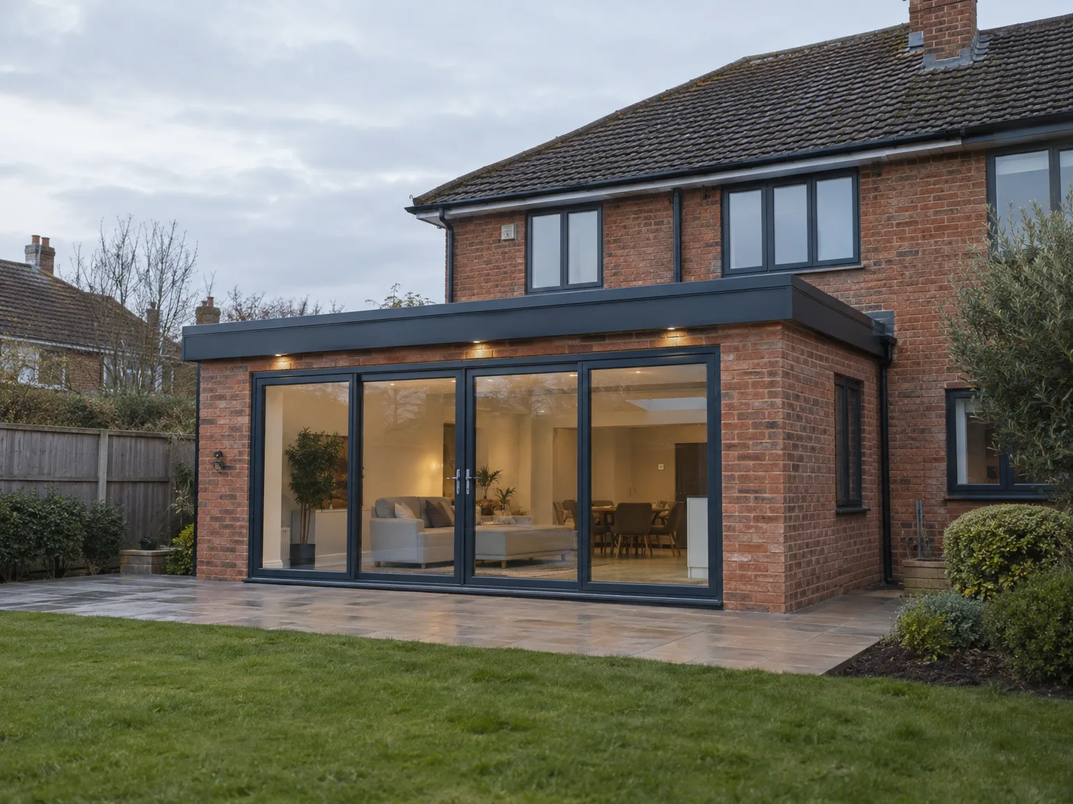 Contemporary rear extension with bifold doors, new patio and windows to brick home