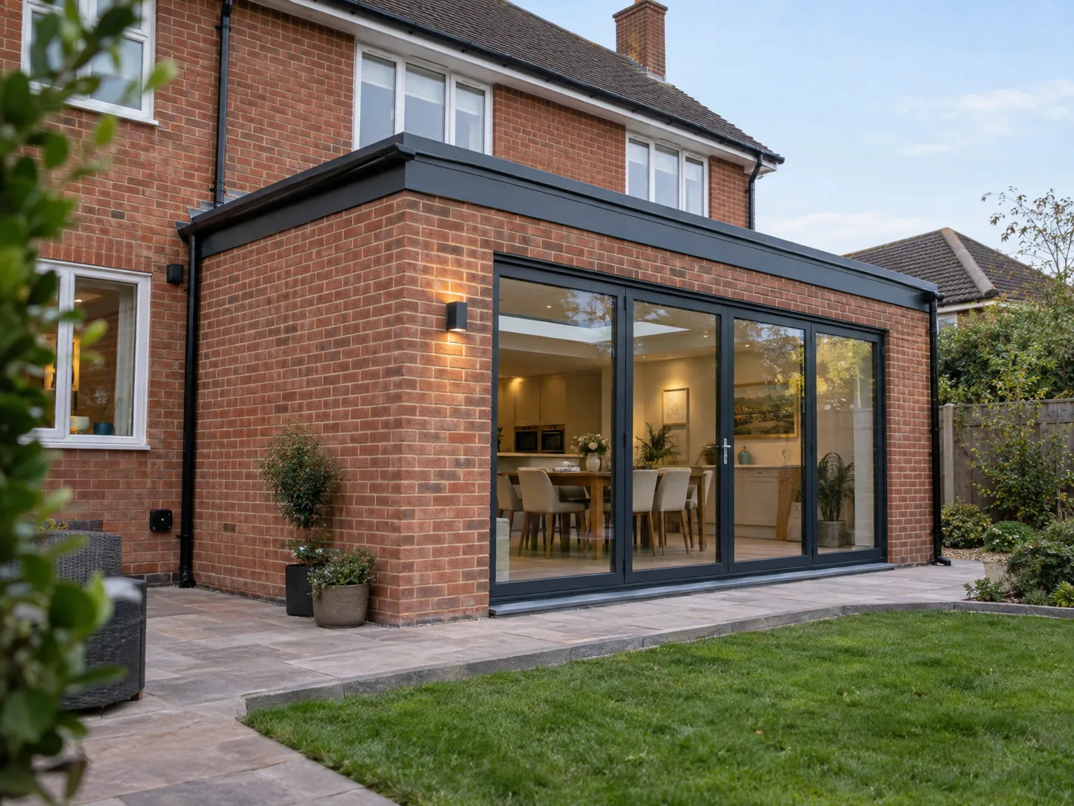Modern rear extension with bifold doors and patio on red brick home