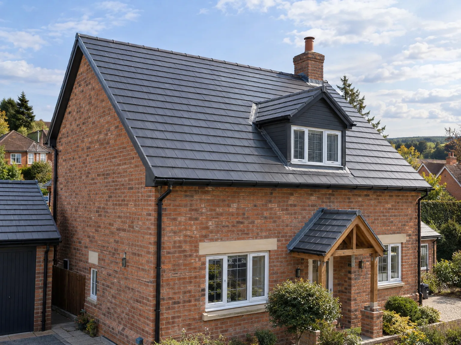 Brick house with new dark slate roof and updated white-framed windows