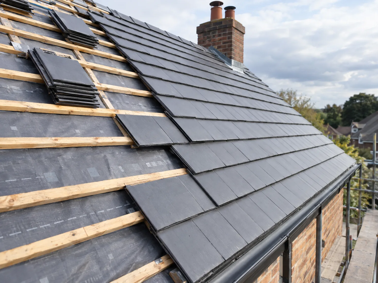 Solar panels installed on pitched roof with wooden battens and twin brick chimneys