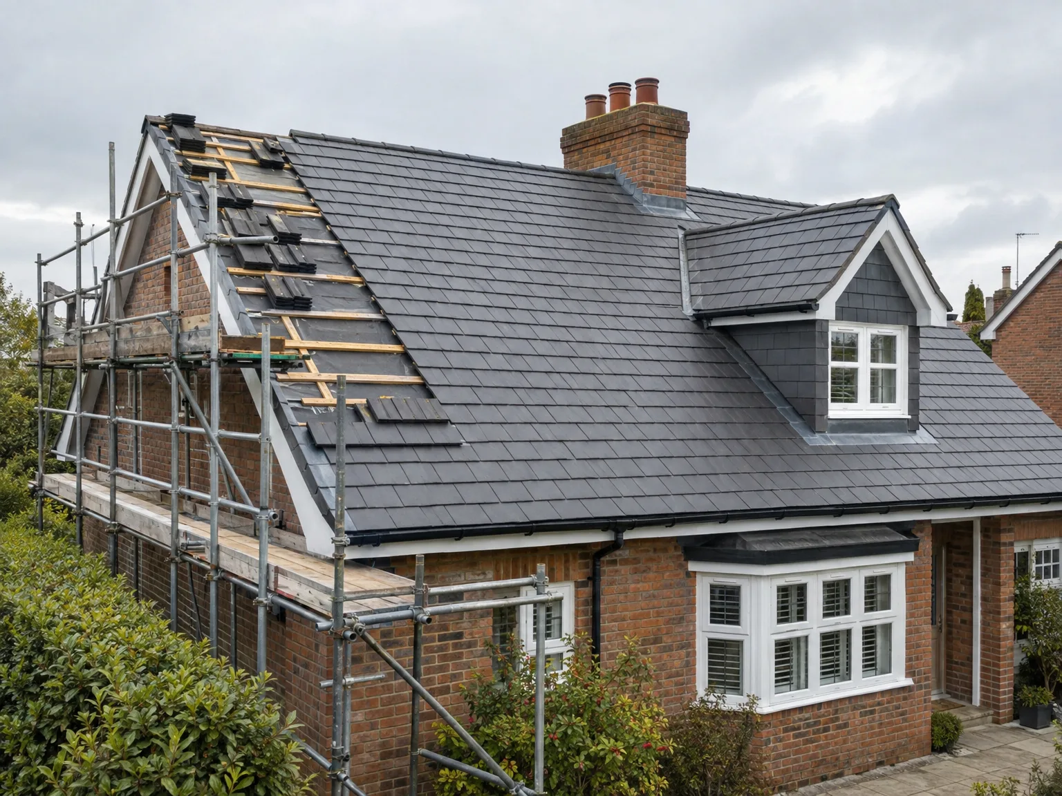 New slate roof installation in progress on brick house with scaffolding and white window trim