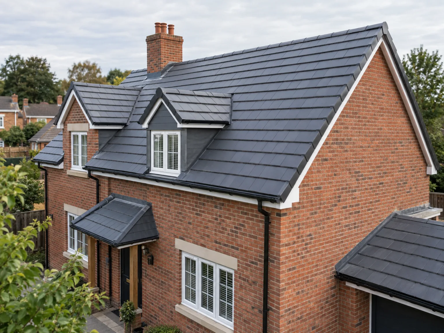 Dark slate roof with dual dormers newly installed on brick house