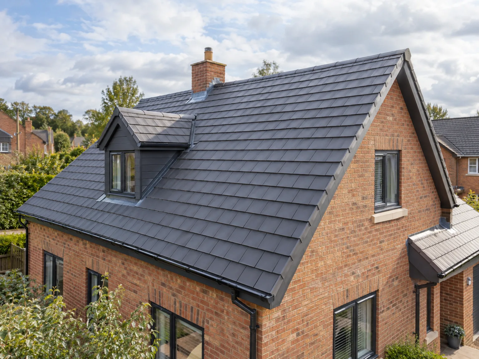 New roof with dark slate tiles on brick house with skylights and chimney
