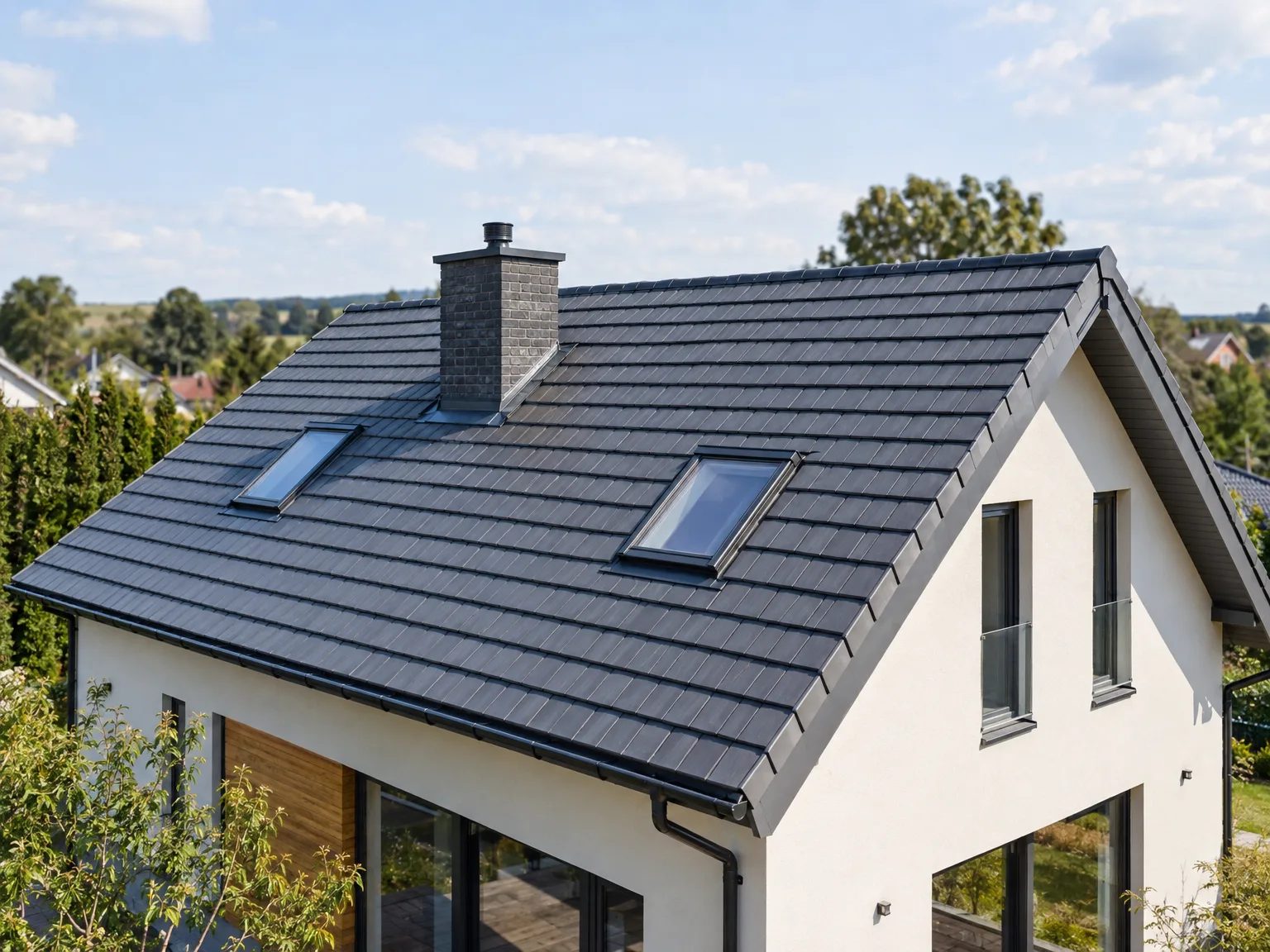 New black slate roof with skylights on modern white home