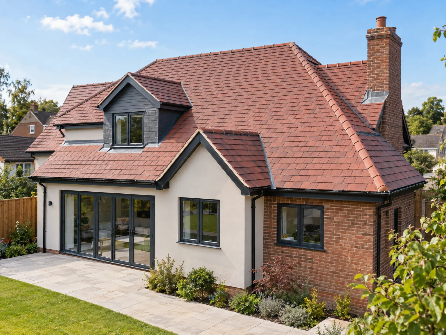 Modern home extension with brick and render facade, terracotta roof, large bifold doors and contemporary windows overlooking garden landscape