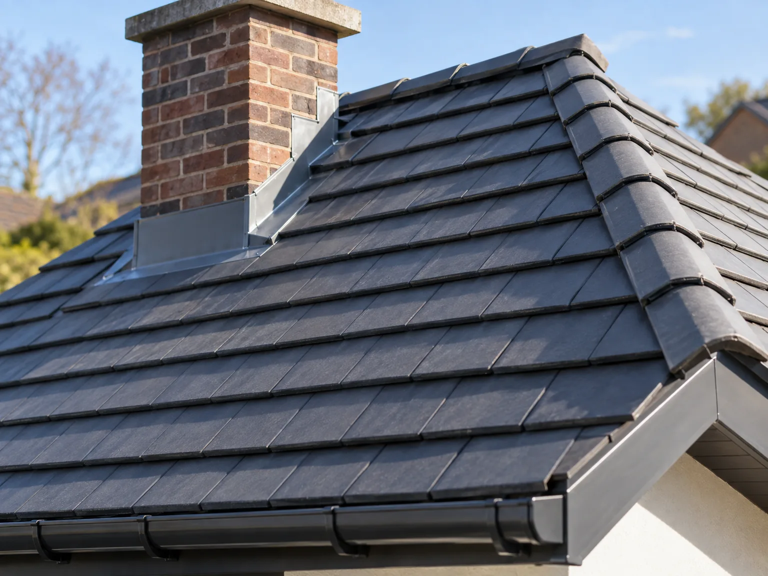 Dark slate roof tiles with red brick chimney and modern guttering on new build home