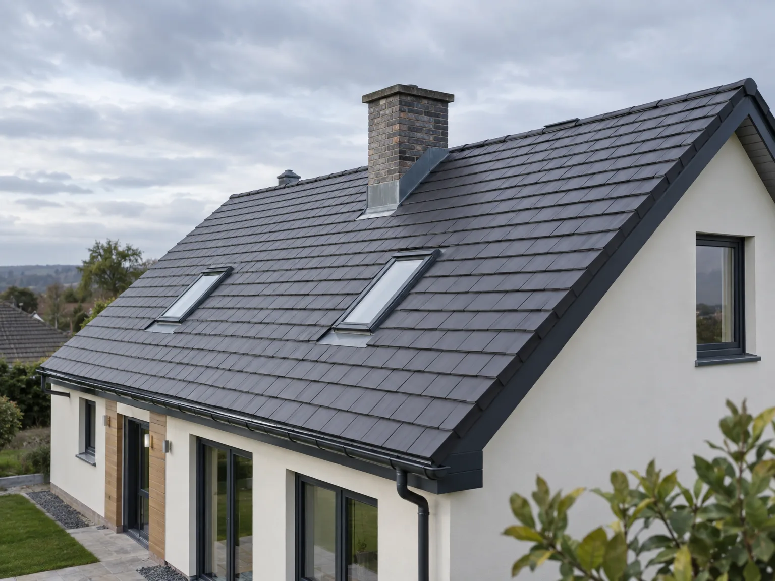 Modern new build home with white exterior walls, dark slate roof, skylights, and stone chimney