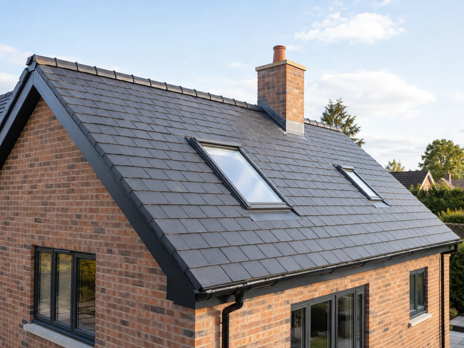 New brick-built home with slate roof, skylights and red brick chimney