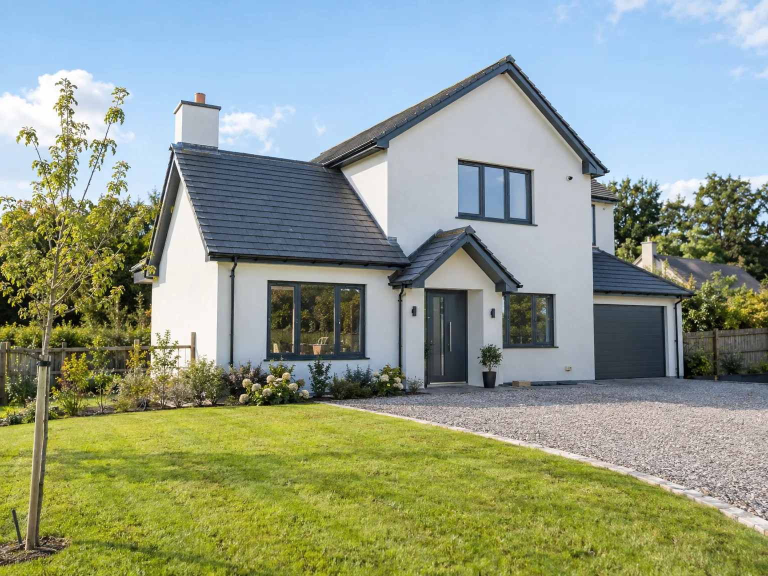 New Build Homes: modern white render two-storey house with dark roof and large contemporary windows