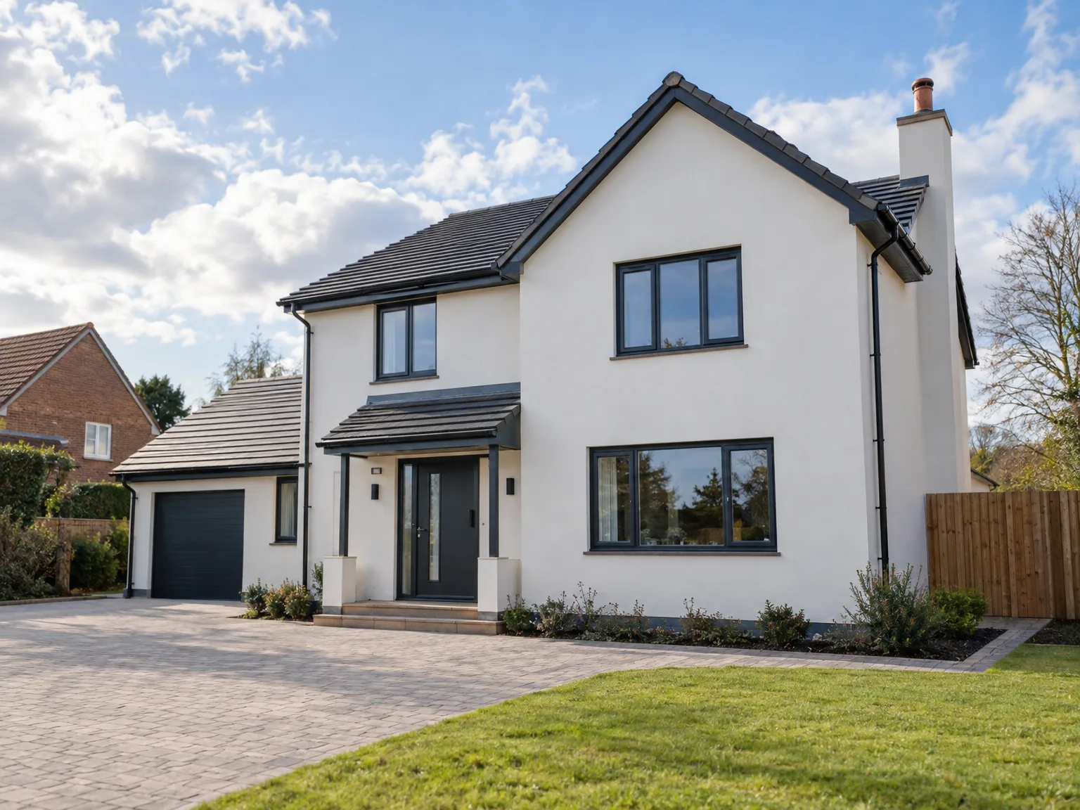 Modern white house with slate roof, large windows with dark frames, paved driveway, contemporary design