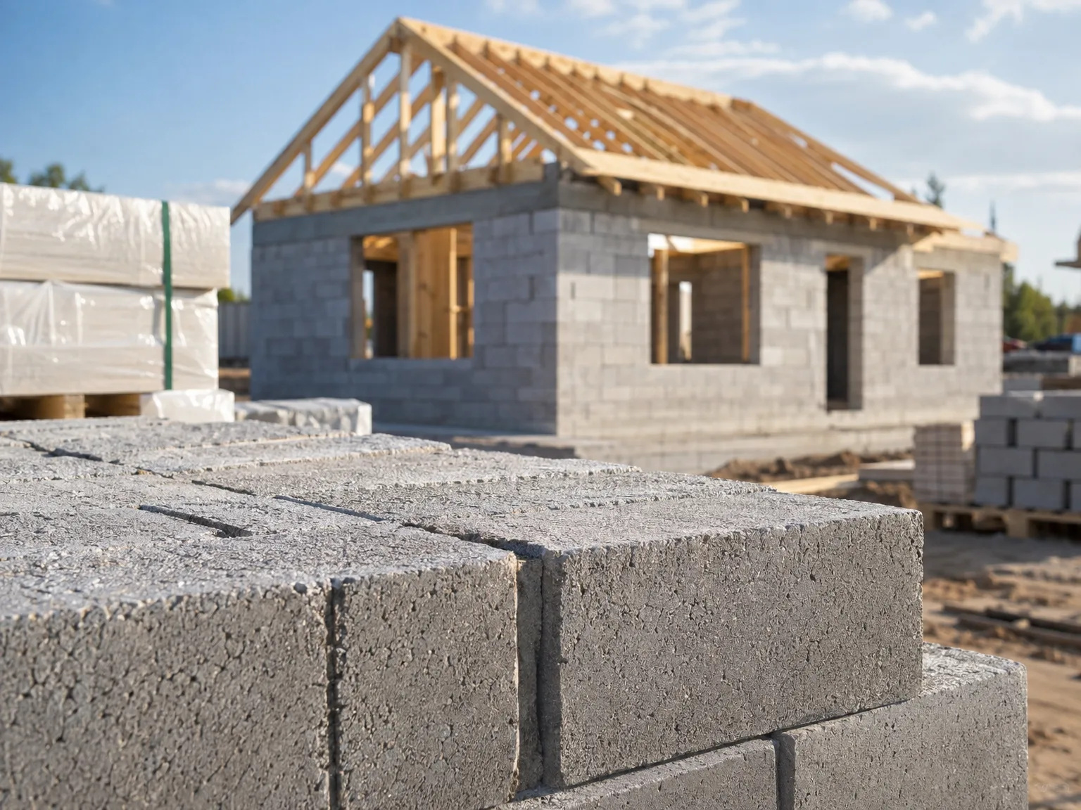 Concrete foundation blocks and timber-framed new build home under construction on site