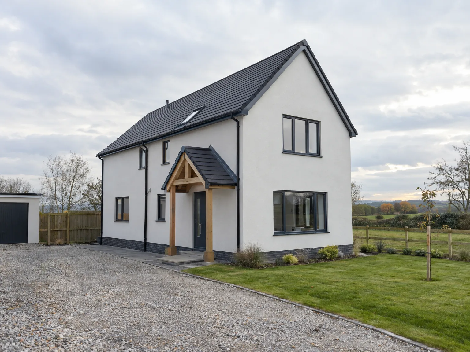 Modern new build home with white render, black slate roof and timber entrance canopy