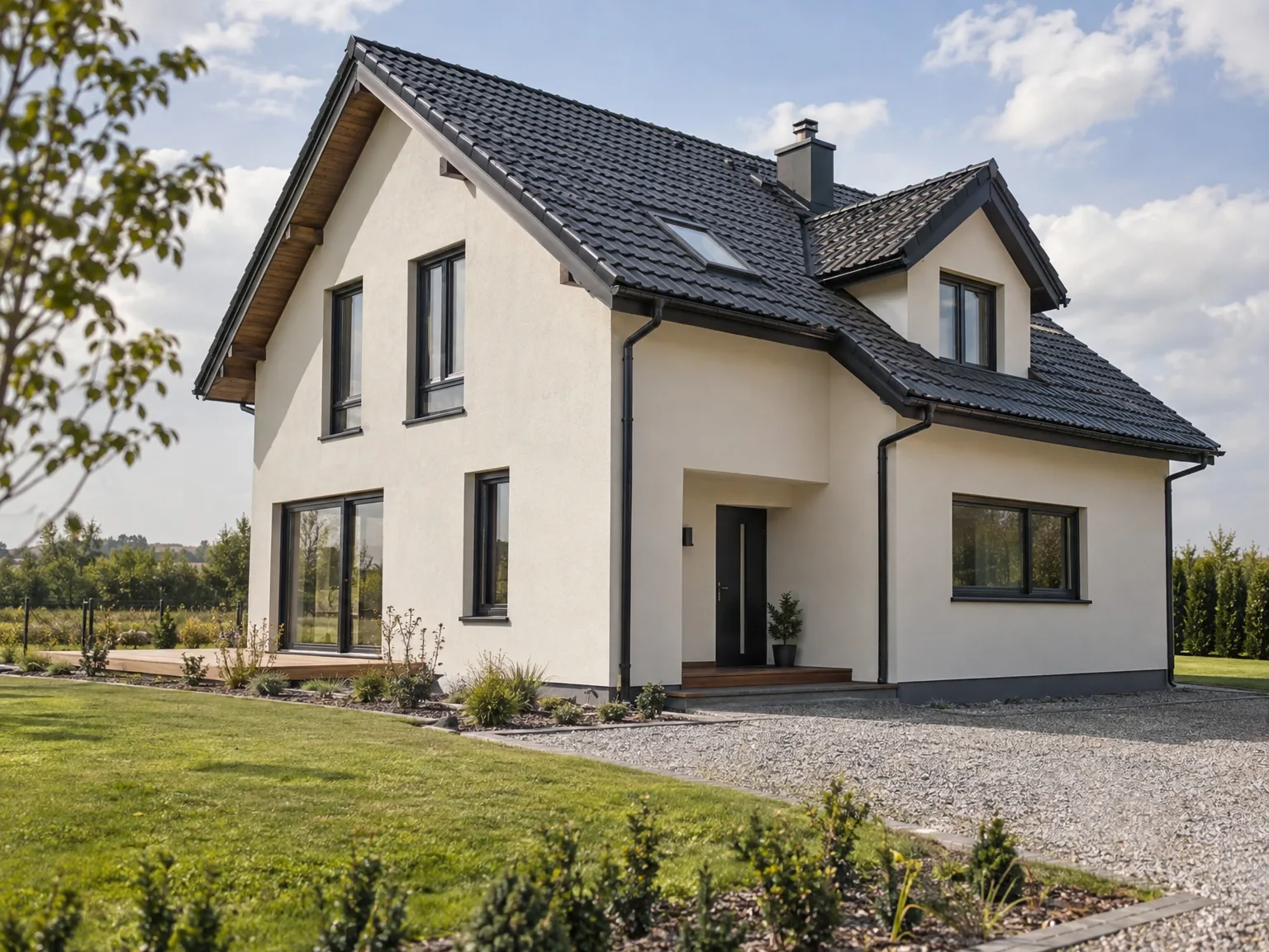Modern new build home with white rendered facade, black pitched roof, and contemporary windows