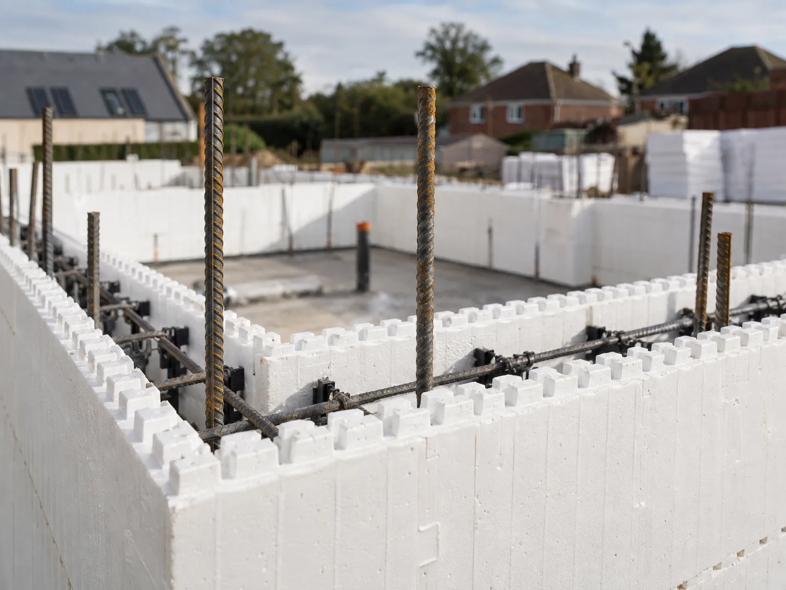 White ICF foundation blocks with steel reinforcement rods during house construction, showing Insulated Concrete Formwork stage