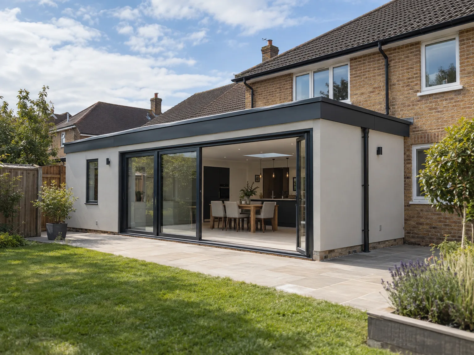 Single-storey rear extension with white walls, black bifold doors, and patio terrace adjoining brick home