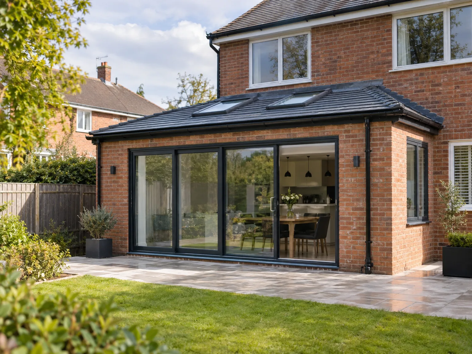 Modern single storey rear extension with black bifold doors and stone patio area