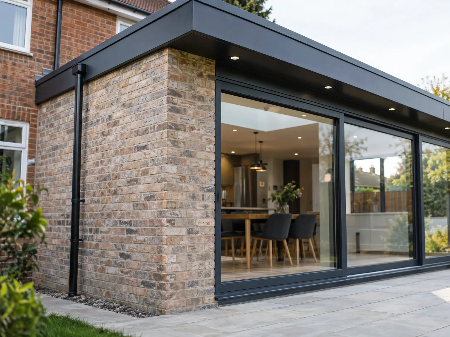 Rear extension with large black-framed glass doors and brick walls, modern dining area visible inside