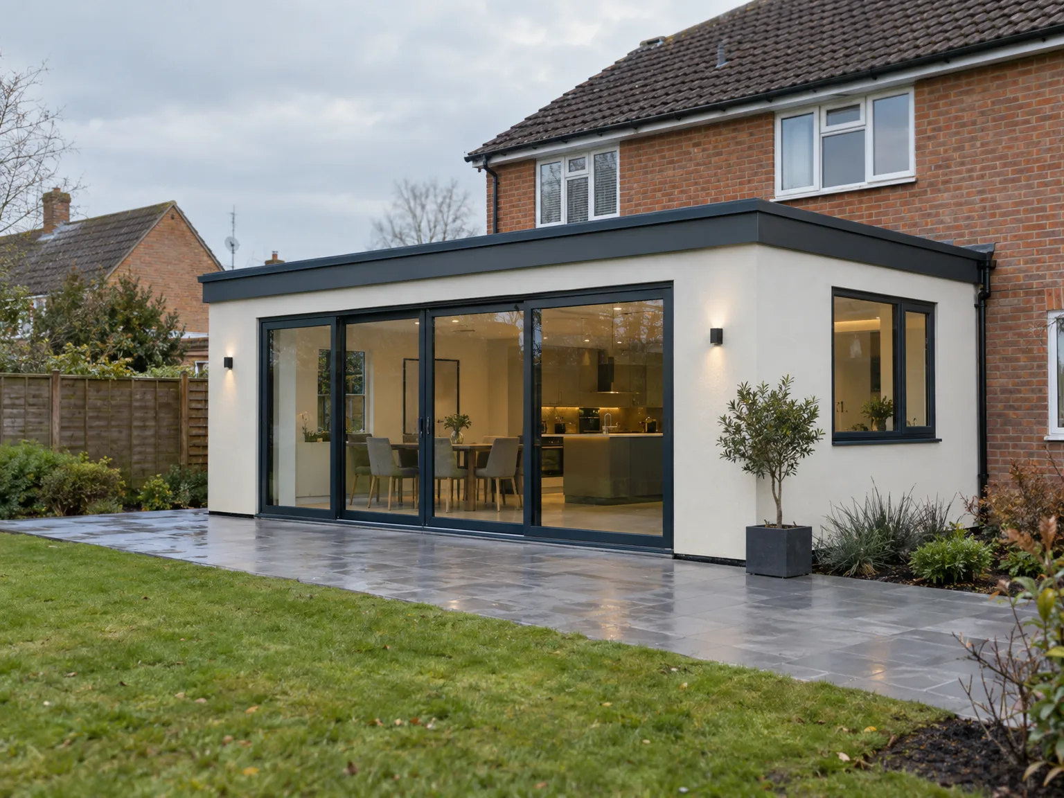 Modern house extension with black sliding patio doors and white walls overlooking garden