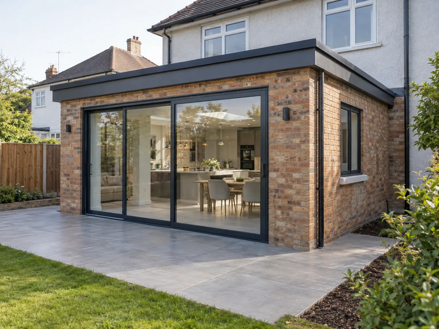 Single storey extension with red brick facade and large black sliding glass doors to kitchen
