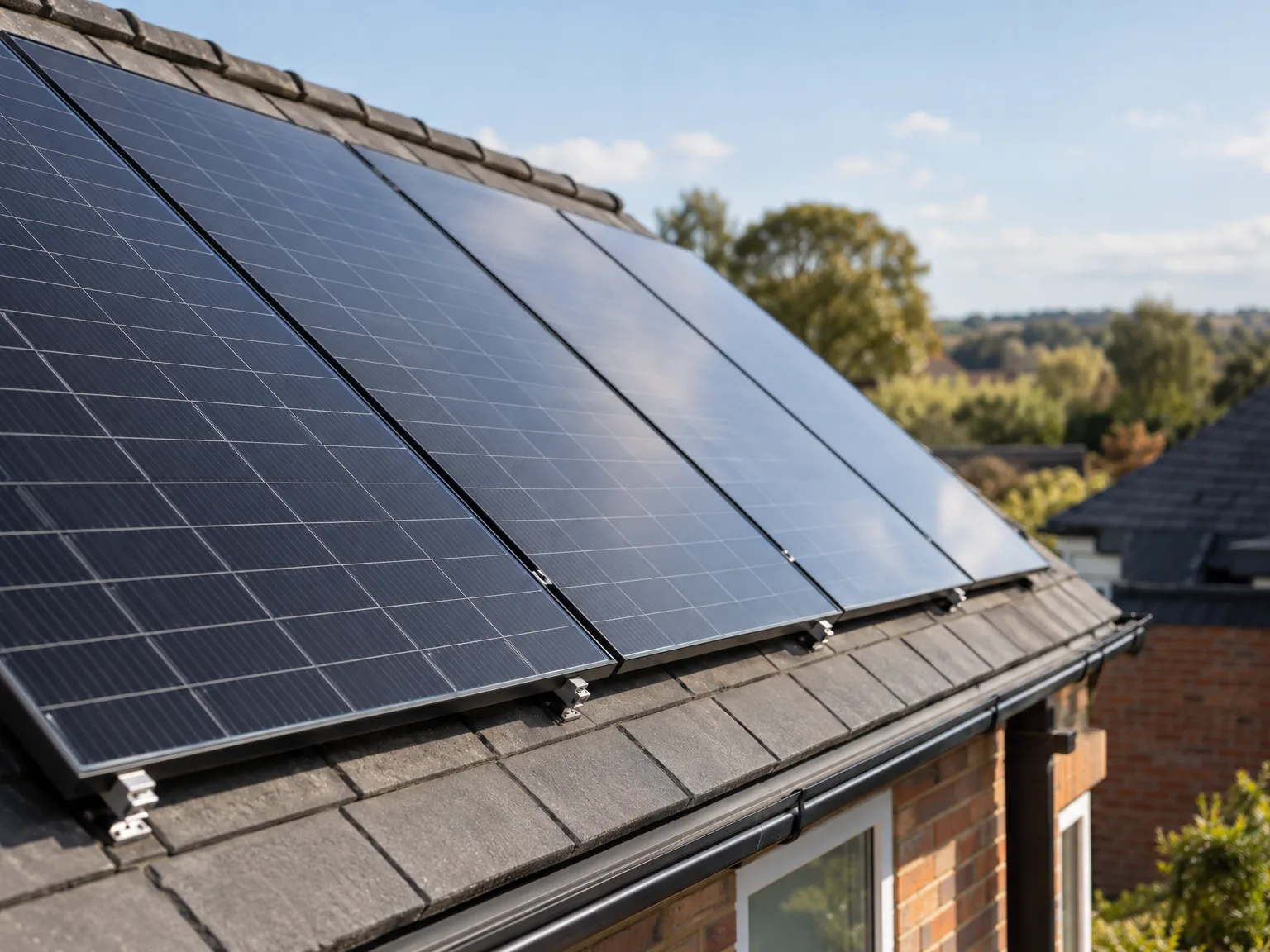 Solar panels installed on brick house roof with scenic countryside views