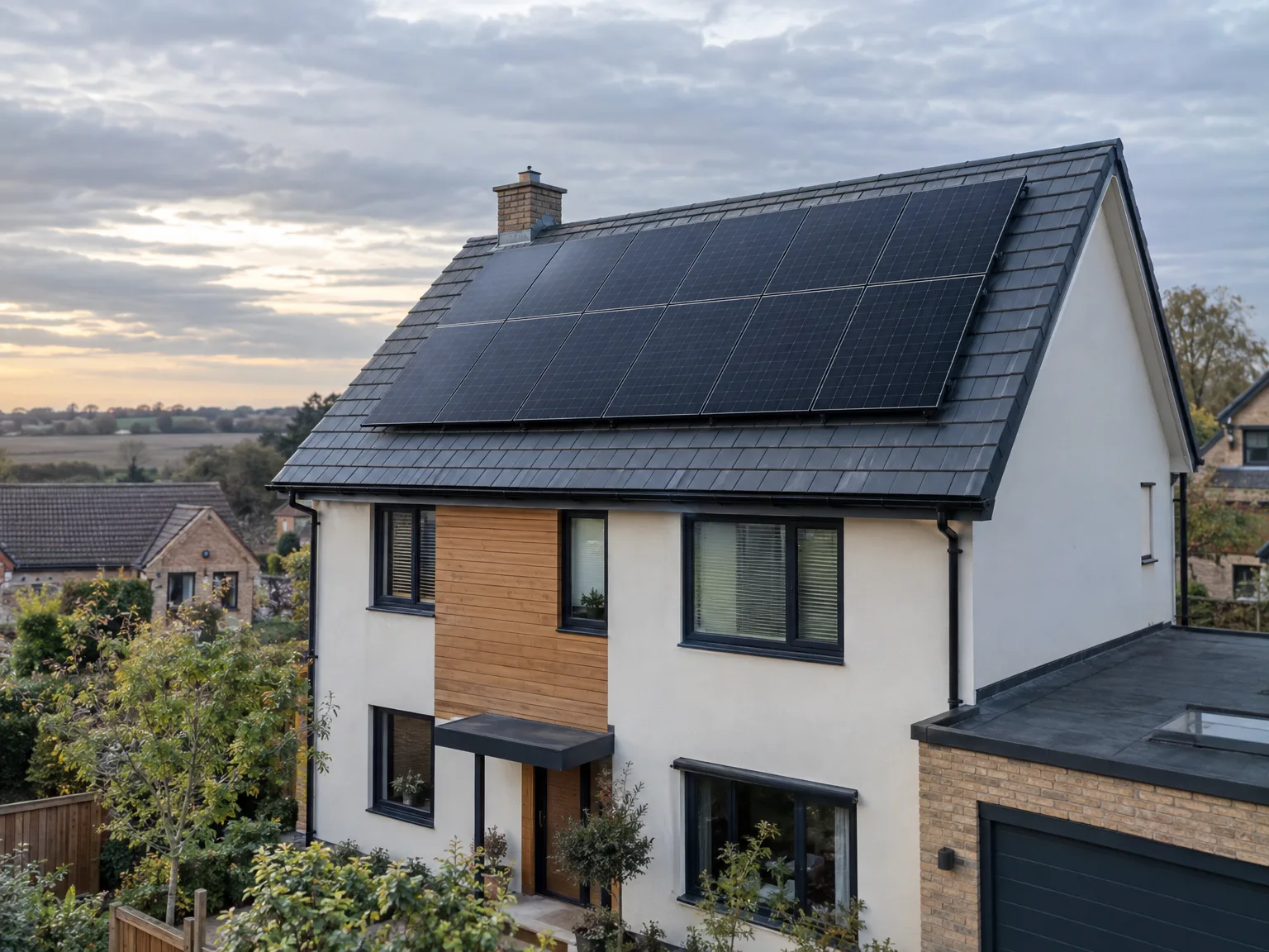 Solar panels installed on dark slate roof of modern house with white walls and wood cladding